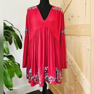 FREE‎ PEOPLE Women's Size XS Red Combo Embroidered Long-Sleeve Blouse